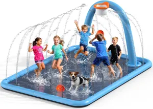 Octplay Splash Pad for Kids & Dogs, 102x87'' Large Sprinkler Pad Water Toys with Basketball Hoop, Thickened Non-Slip Splash Mat, Foldable Play Pool & Outdoor Summer Toys Ages 4-12 (102" Splash Pad)