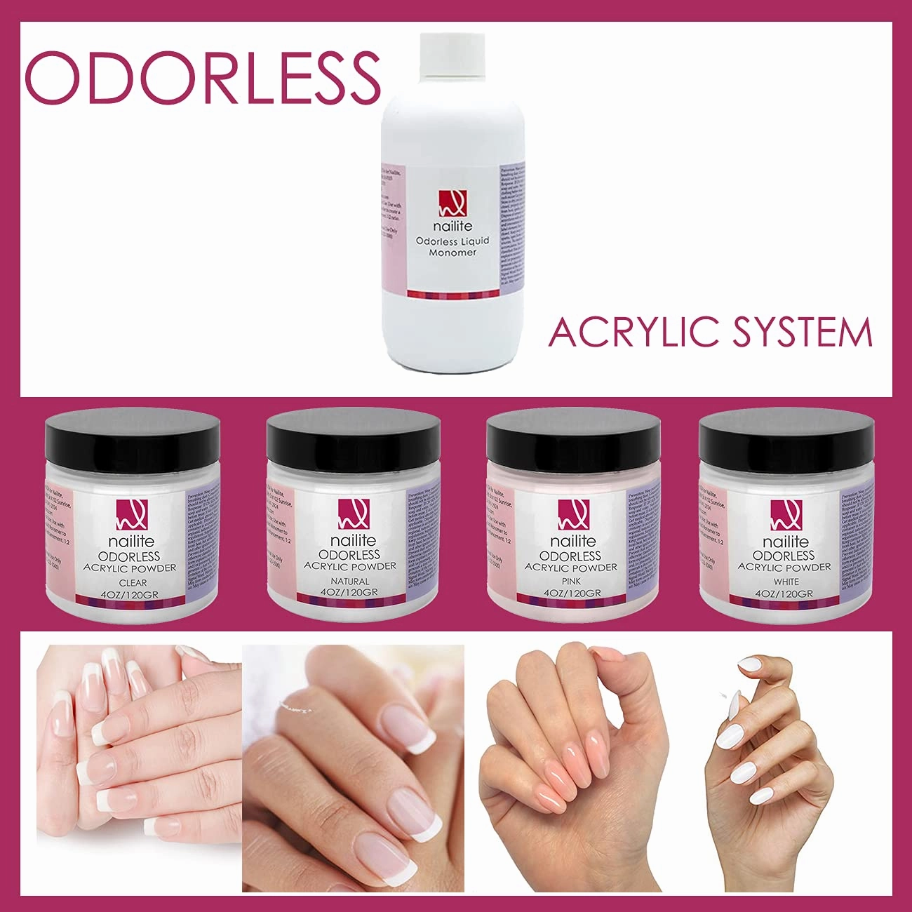 Odorless Liquid Monomer   White Acrylic Powder - Professional System for Nail Extension, Non-Yellowing Effect and EMA Formula – Kit 8 Oz.
