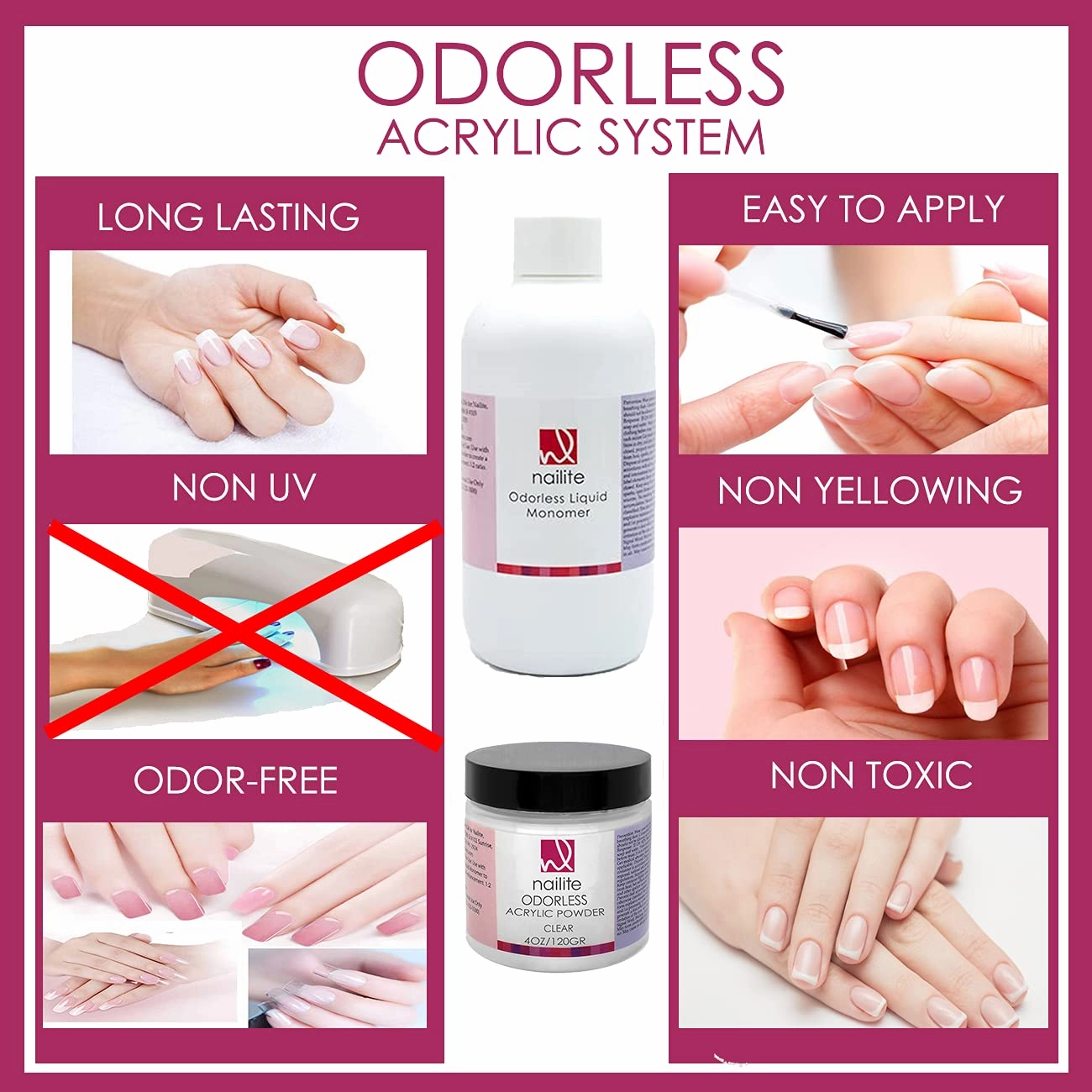Odorless Liquid Monomer   White Acrylic Powder - Professional System for Nail Extension, Non-Yellowing Effect and EMA Formula – Kit 8 Oz.