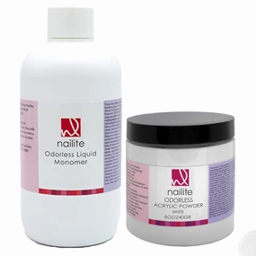 Odorless Liquid Monomer   White Acrylic Powder - Professional System for Nail Extension, Non-Yellowing Effect and EMA Formula – Kit 8 Oz.