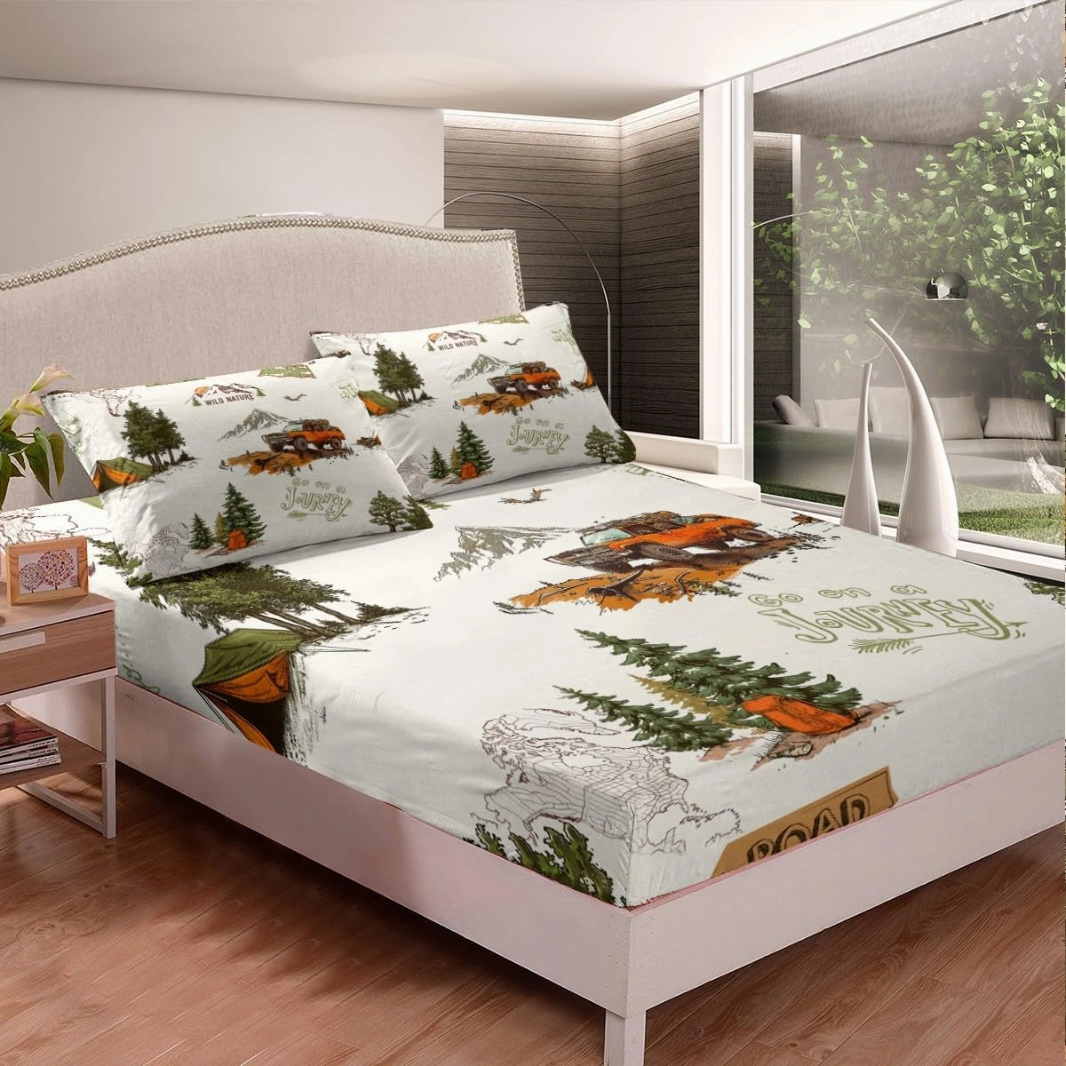 Off-road Vehicle Fitted Sheet Full Size,Mountain Pine Tree Jungle View Bedding Set for Kids Girls Boys Teens Room Decor,Road Traveling Bed Sheets Men Outdoor Adventure Deep Pocket Sheet 3Pcs
