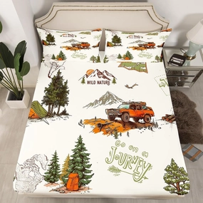 Off-road Vehicle Fitted Sheet Full Size,Mountain Pine Tree Jungle View Bedding Set for Kids Girls Boys Teens Room Decor,Road Traveling Bed Sheets Men Outdoor Adventure Deep Pocket Sheet 3Pcs