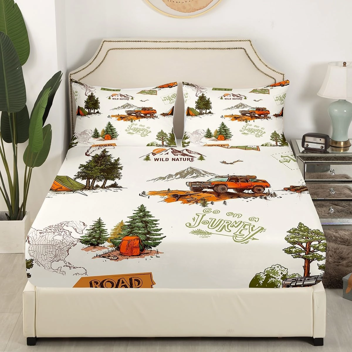 Off-road Vehicle Fitted Sheet Full Size,Mountain Pine Tree Jungle View Bedding Set for Kids Girls Boys Teens Room Decor,Road Traveling Bed Sheets Men Outdoor Adventure Deep Pocket Sheet 3Pcs