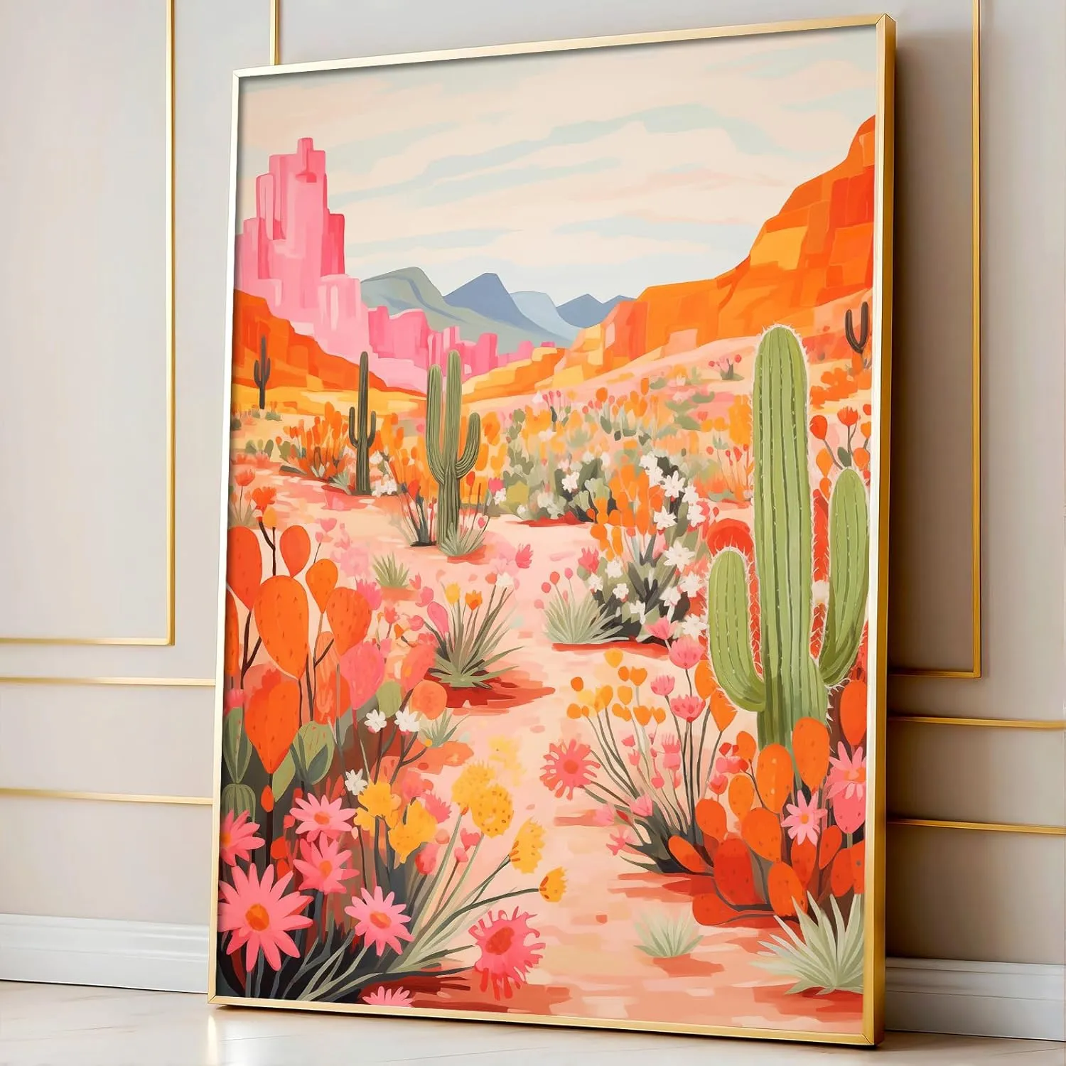 Oiyehokeul Colorful Cactus Canvas Wall Art Desert Botanical Prints Colorful Landscape Poster Cactus Flower Painting Western Canvas Desert Landscape Pictures Plant Floral Artwork 16x24in No Frame