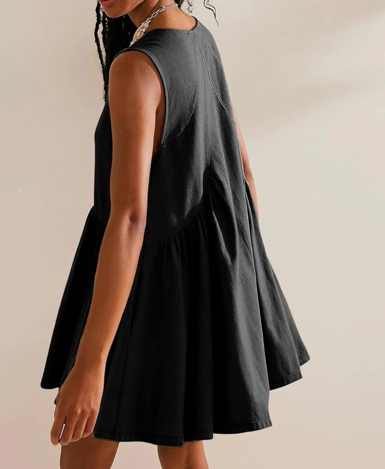 OPCAKM Women's V Neck Sleeveless Mini Dress Loose Summer Pleated Swing Flowy Sundress