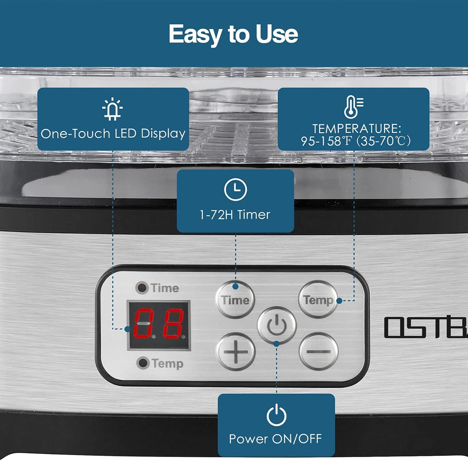 OSTBA Food Dehydrator Machine Adjustable Temperature & 72H Timer, 5-Tray Dehydrators for Food and Jerky, Fruit, Dog Treats, Herbs, Snacks, LED Display, 240W Electric Food Dryer, Recipe Book