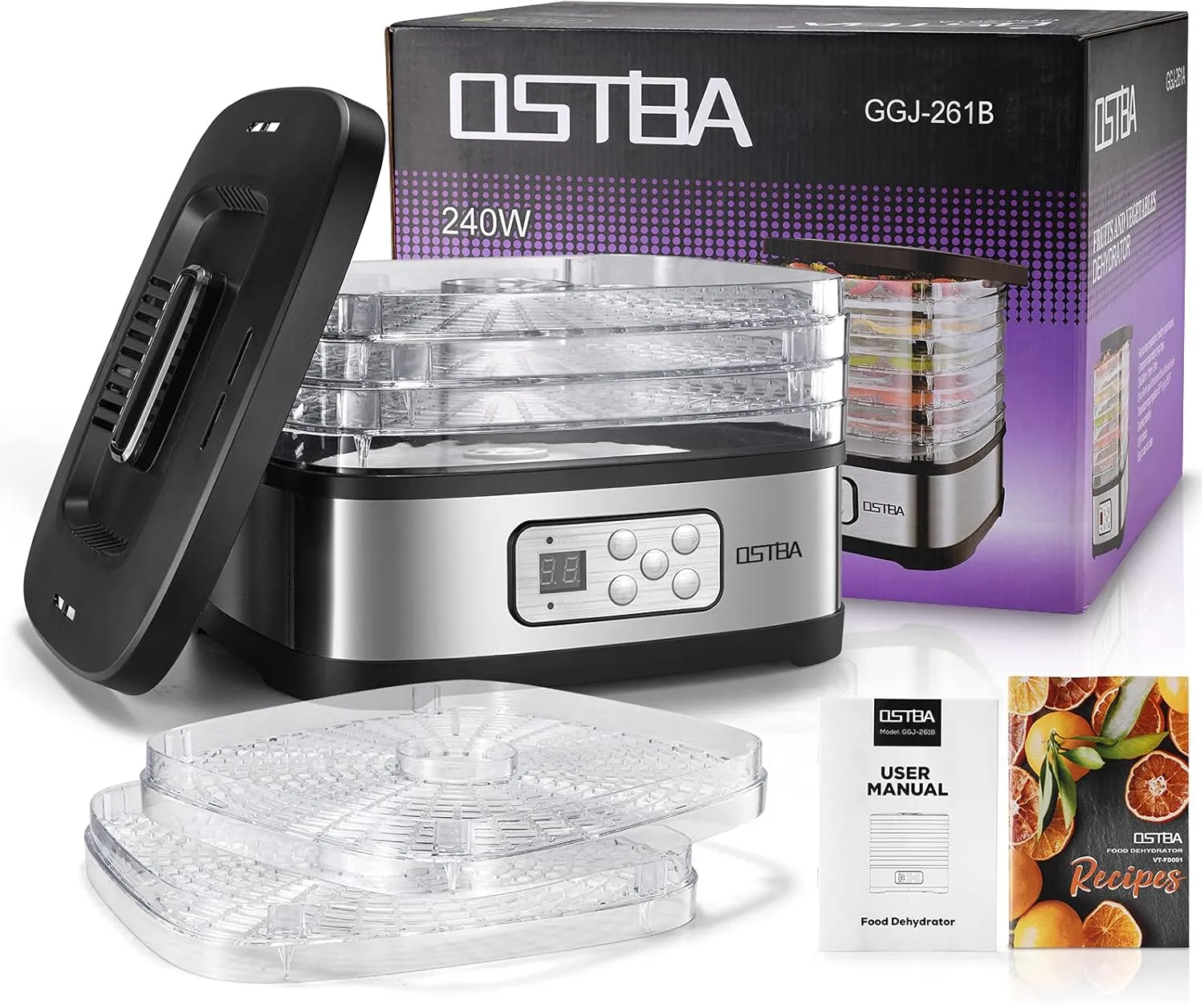 OSTBA Food Dehydrator Machine Adjustable Temperature & 72H Timer, 5-Tray Dehydrators for Food and Jerky, Fruit, Dog Treats, Herbs, Snacks, LED Display, 240W Electric Food Dryer, Recipe Book