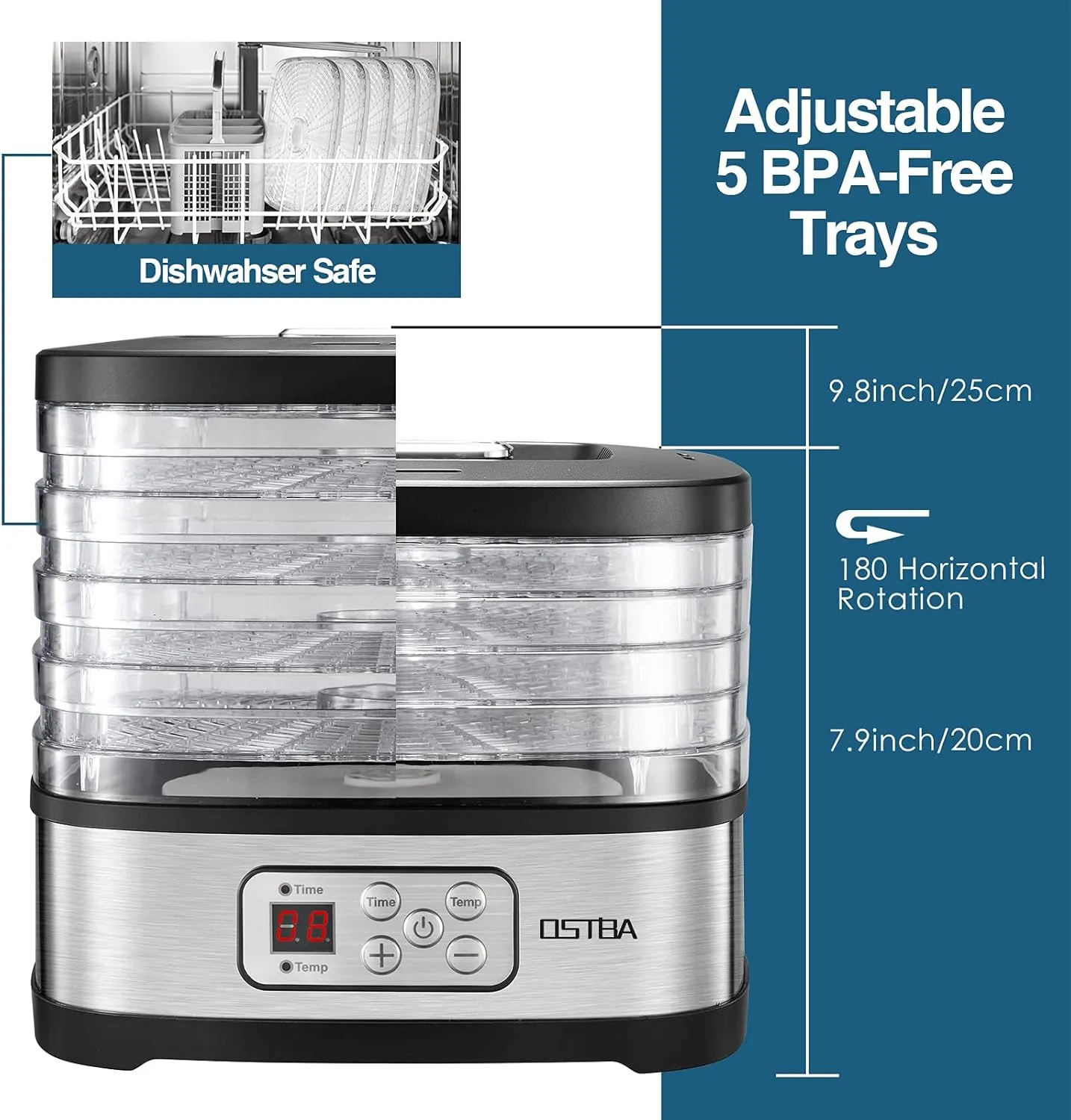 OSTBA Food Dehydrator Machine Adjustable Temperature & 72H Timer, 5-Tray Dehydrators for Food and Jerky, Fruit, Dog Treats, Herbs, Snacks, LED Display, 240W Electric Food Dryer, Recipe Book