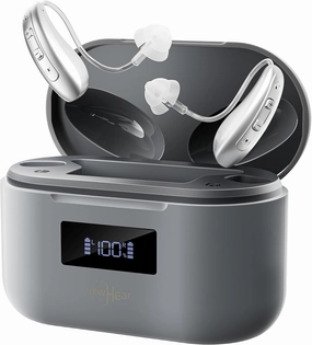 OTC Hearing Aids, NewHear Rechargeable Invisible Superior Sound Quality Supermini BTE Hearing Aids with Digital Chips Charging Case for Seniors and Adults (Gray)