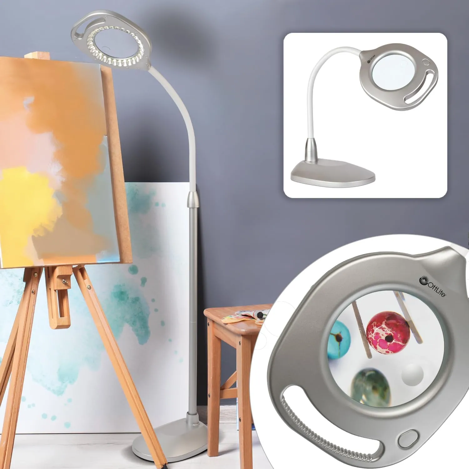 OttLite 2-in-1 LED Magnifier Floor & Table Light, Clearsun, Silver, Retail