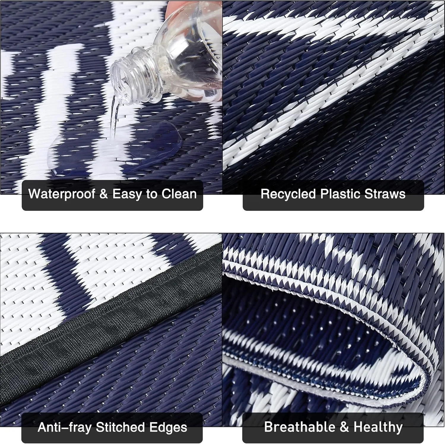Outdoor Plastic Straw Rug Navy Blue Waterproof Outdoor Patio 6x9 Carpet Tropical Leaf Reversible Mat Modern Washable Large Outside for Camping RV Porch Deck Balcony Beach