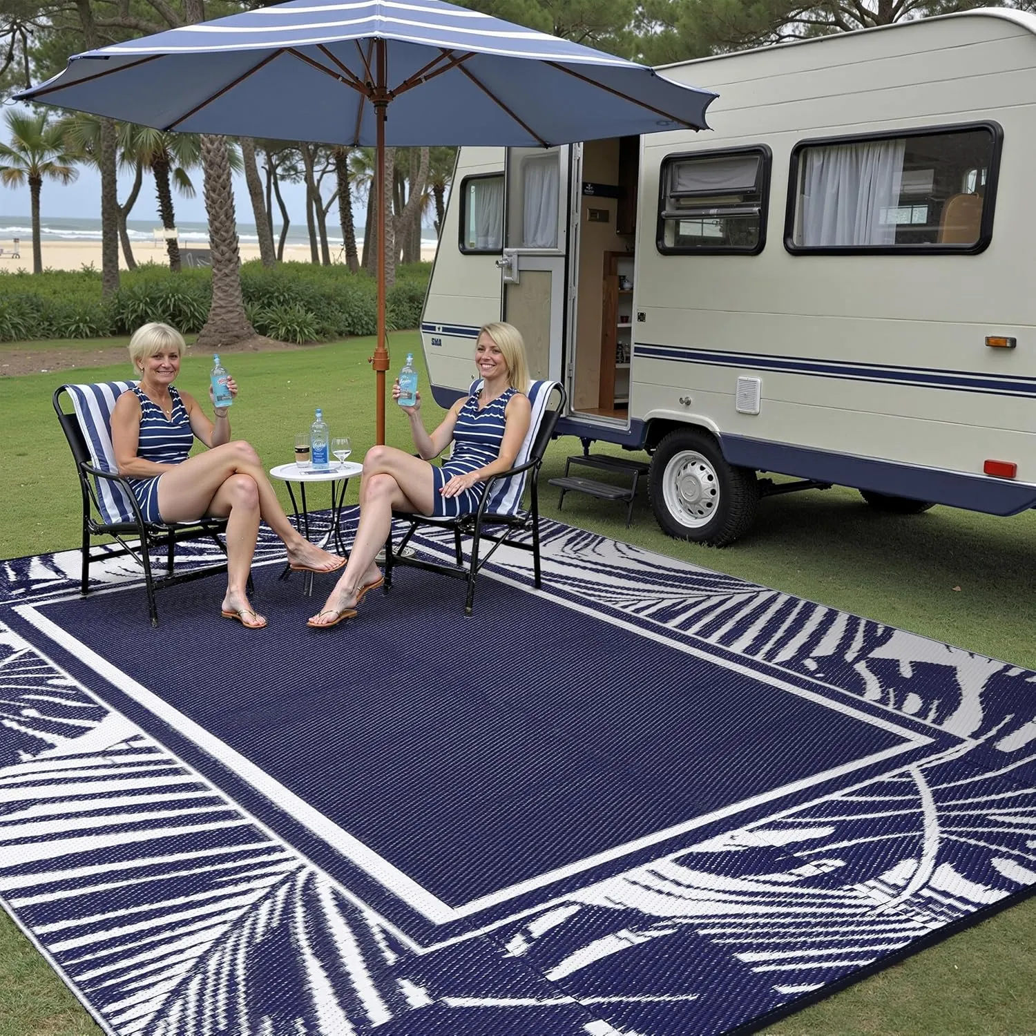 Outdoor Plastic Straw Rug Navy Blue Waterproof Outdoor Patio 6x9 Carpet Tropical Leaf Reversible Mat Modern Washable Large Outside for Camping RV Porch Deck Balcony Beach