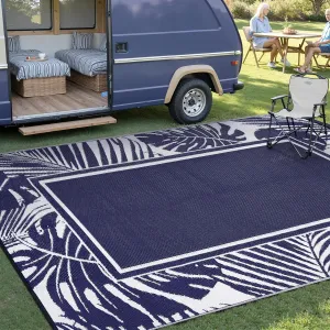 Outdoor Plastic Straw Rug Navy Blue Waterproof Outdoor Patio 6x9 Carpet Tropical Leaf Reversible Mat Modern Washable Large Outside for Camping RV Porch Deck Balcony Beach
