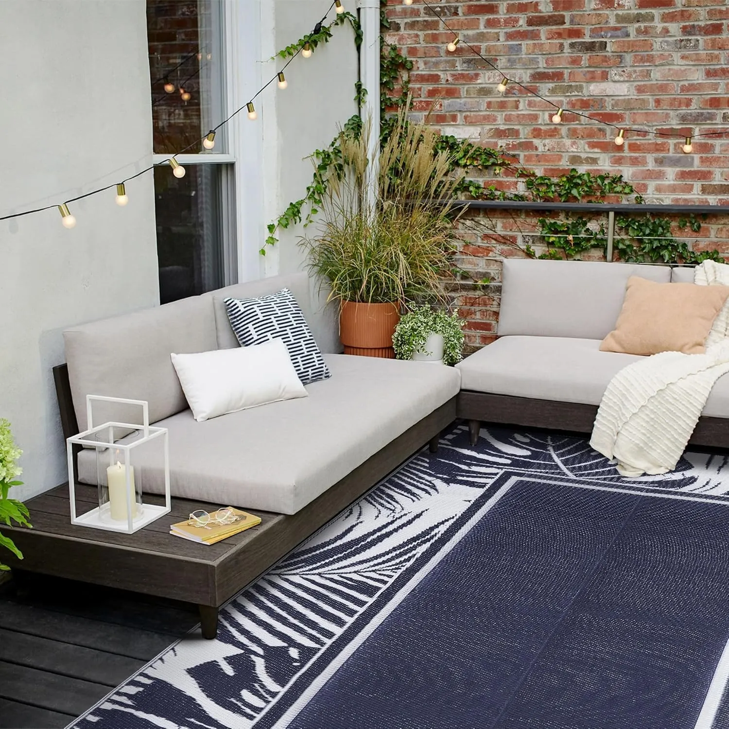 Outdoor Plastic Straw Rug Navy Blue Waterproof Outdoor Patio 6x9 Carpet Tropical Leaf Reversible Mat Modern Washable Large Outside for Camping RV Porch Deck Balcony Beach