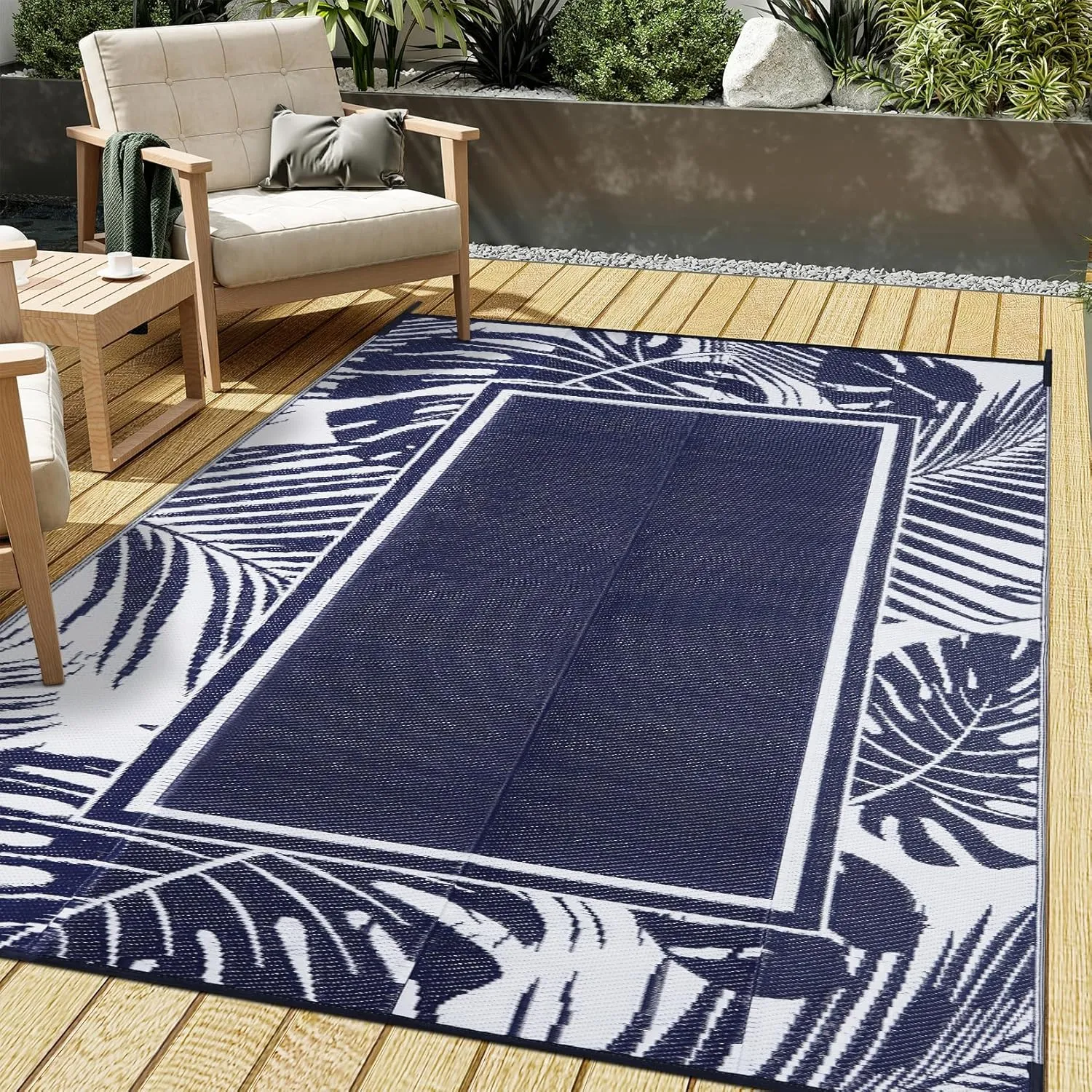 Outdoor Plastic Straw Rug Navy Blue Waterproof Outdoor Patio 6x9 Carpet Tropical Leaf Reversible Mat Modern Washable Large Outside for Camping RV Porch Deck Balcony Beach