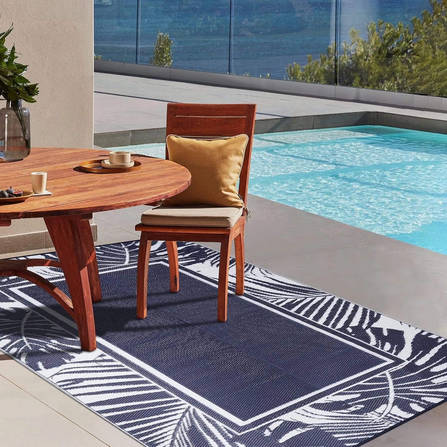 Outdoor Plastic Straw Rug Navy Blue Waterproof Outdoor Patio 6x9 Carpet Tropical Leaf Reversible Mat Modern Washable Large Outside for Camping RV Porch Deck Balcony Beach