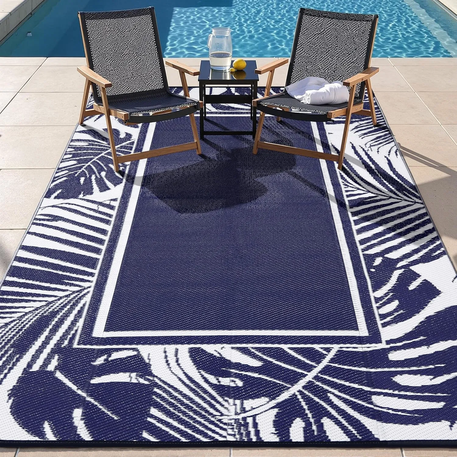 Outdoor Plastic Straw Rug Navy Blue Waterproof Outdoor Patio 6x9 Carpet Tropical Leaf Reversible Mat Modern Washable Large Outside for Camping RV Porch Deck Balcony Beach
