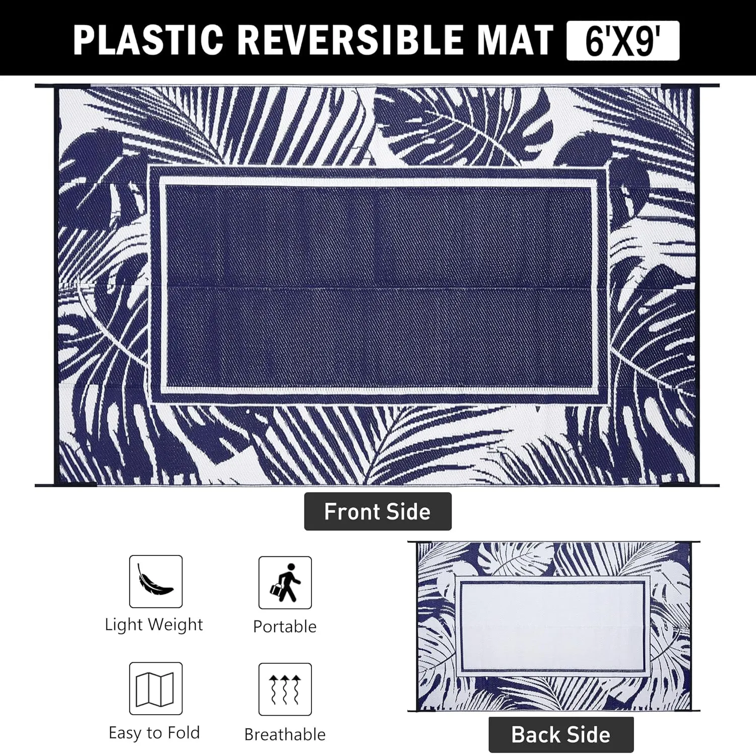 Outdoor Plastic Straw Rug Navy Blue Waterproof Outdoor Patio 6x9 Carpet Tropical Leaf Reversible Mat Modern Washable Large Outside for Camping RV Porch Deck Balcony Beach