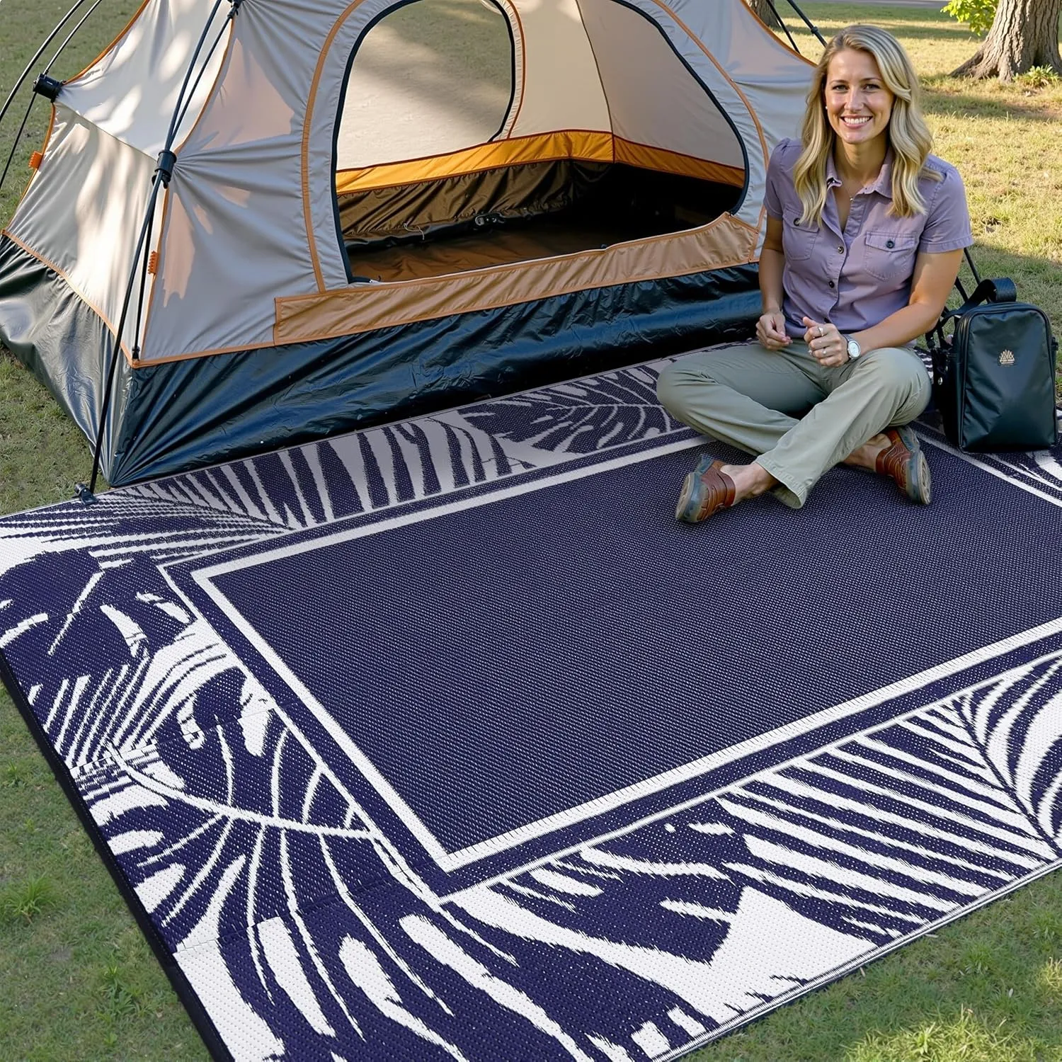 Outdoor Plastic Straw Rug Navy Blue Waterproof Outdoor Patio 6x9 Carpet Tropical Leaf Reversible Mat Modern Washable Large Outside for Camping RV Porch Deck Balcony Beach