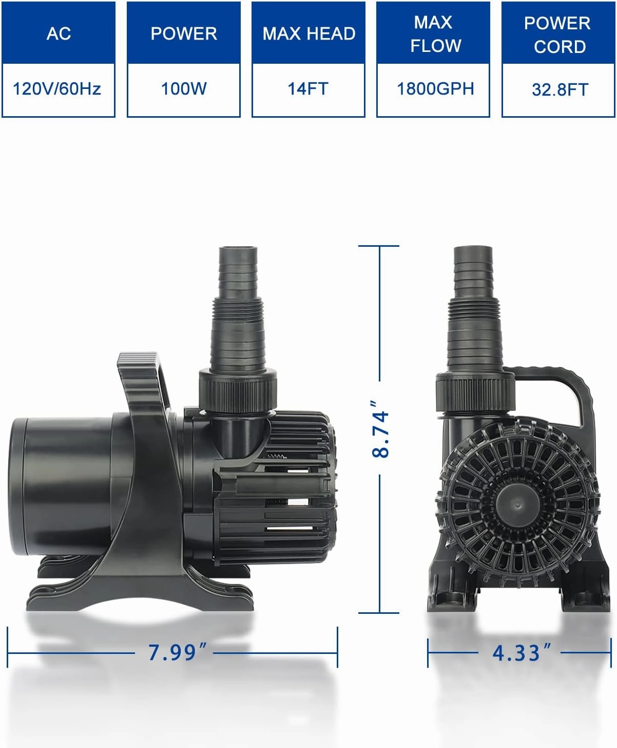 Outdoor 1800Gph-100W 32.8FT Small-Pond Water-fall & Kio Fish Fountain-s &Garden Pump Submersible IPX8: Long 32.8FT Cord Smart-er & Quieter Duck & Yard &Patio Ponds Pumps, 1 Barrier Pump Bag