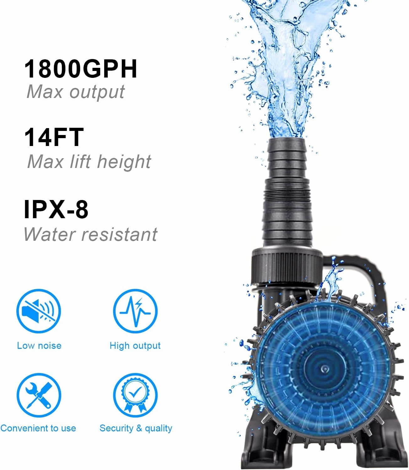 Outdoor 1800Gph-100W 32.8FT Small-Pond Water-fall & Kio Fish Fountain-s &Garden Pump Submersible IPX8: Long 32.8FT Cord Smart-er & Quieter Duck & Yard &Patio Ponds Pumps, 1 Barrier Pump Bag