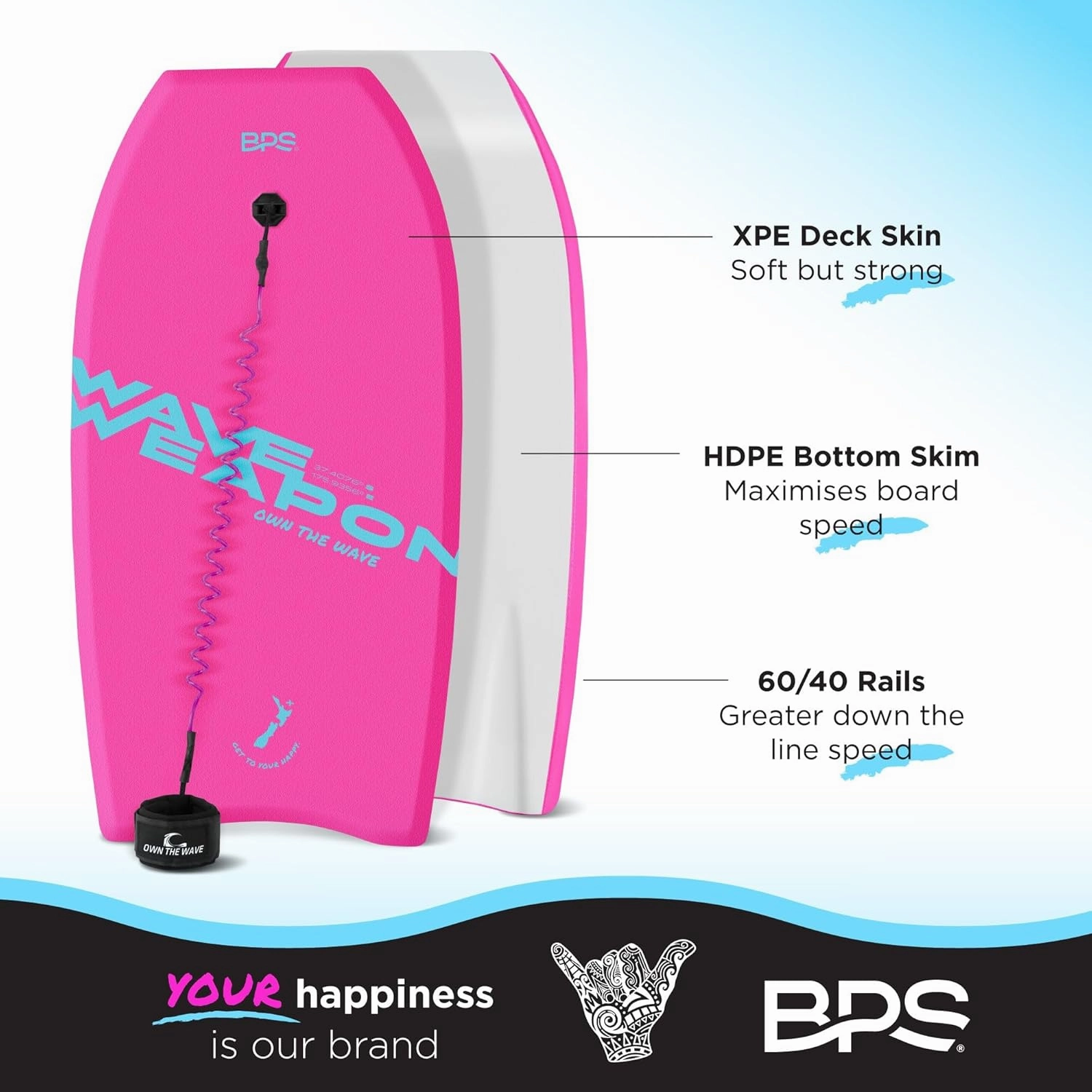 Own the Wave 'Wave Weapon' Body Board for All Wave Conditions - Lightweight with EPS Core HDPE Slick Bottom Body Boards for Beach with Wrist Leash and Plug for Kids and Adults