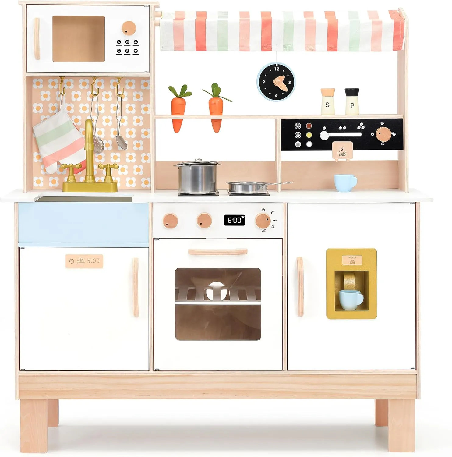 PairPear Play Kitchen for Kids, Wooden Toy Kitchen Set with Coffee Maker Ice Maker & Play Kitchen Accessories, Pretend Play Toddler Kitchen Toys Gift for Girls Boys 3 