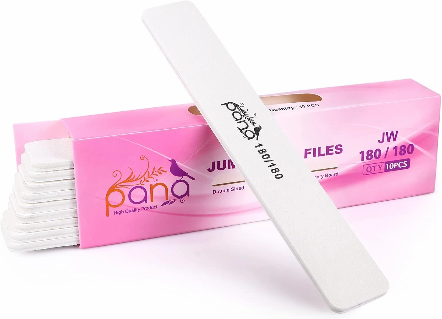 PANA Jumbo Double-Sided Emery Nail File for Manicure, Pedicure, Natural, and Acrylic Nails - White (Grit 180/180) - 50 Piece Pack