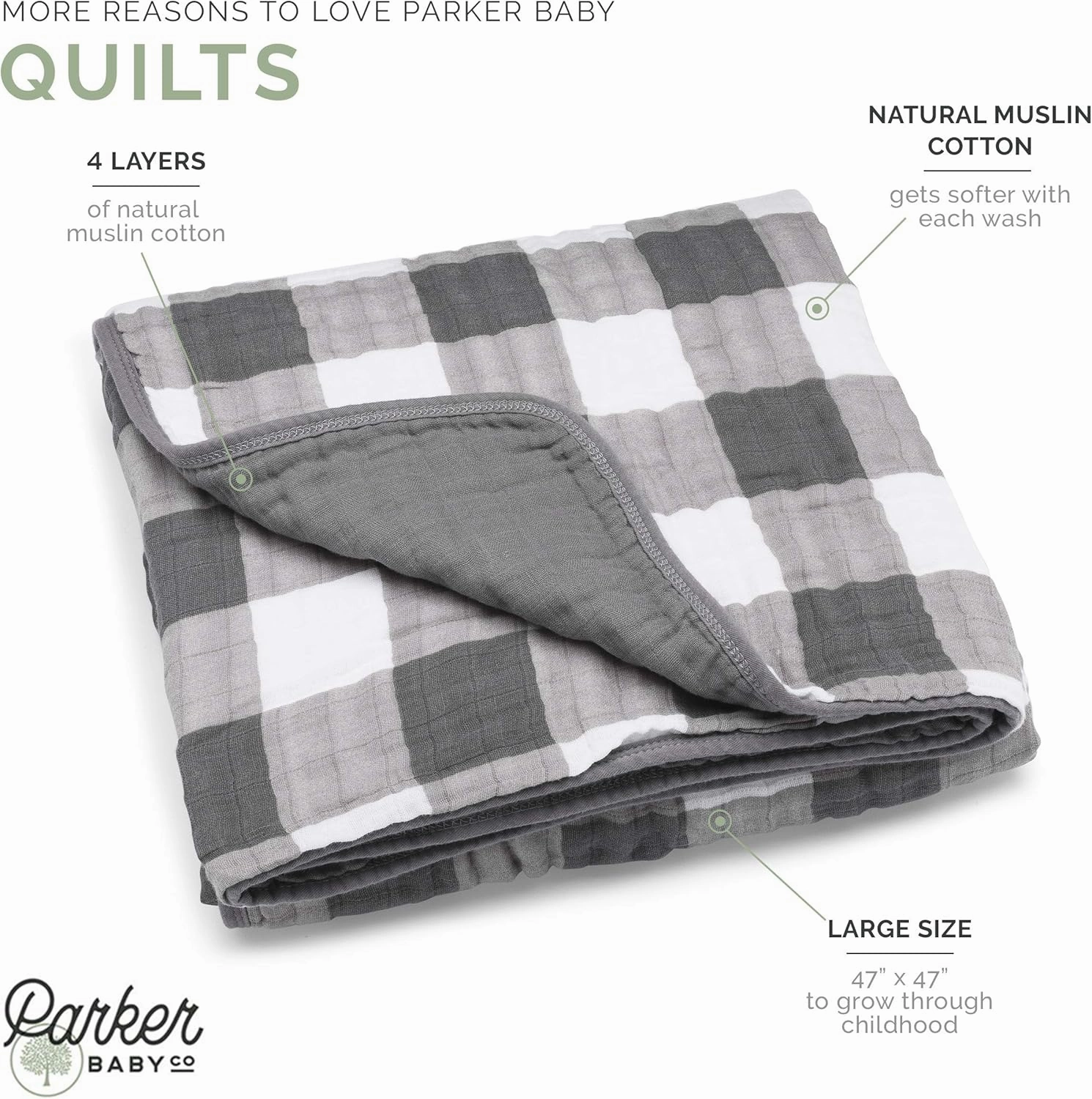 Parker Baby Muslin Blanket | 100% Soft Cotton Toddler Quilt & Baby Muslin Swaddle | Gender Neutral Design 47" x 47" Blanket