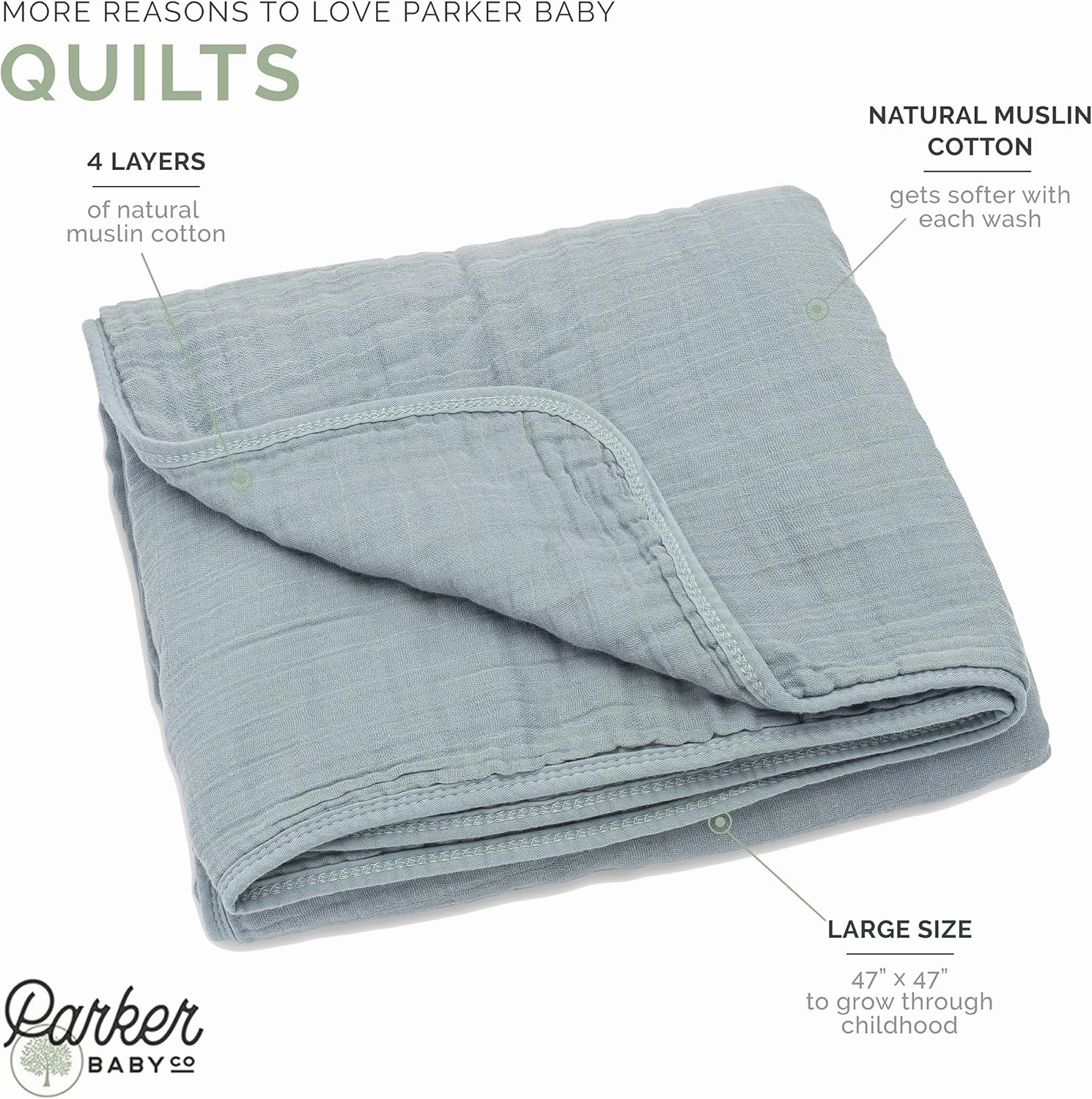 Parker Baby Muslin Blanket | 100% Soft Cotton Toddler Quilt & Baby Muslin Swaddle | Gender Neutral Design 47" x 47" Blanket