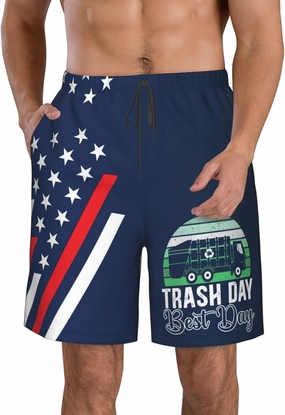 PAUPPY Trash Day Best Day Waste Management Garbage Truck Men's Swim Trunks Quick Dry Shorts with Pockets White-XXL