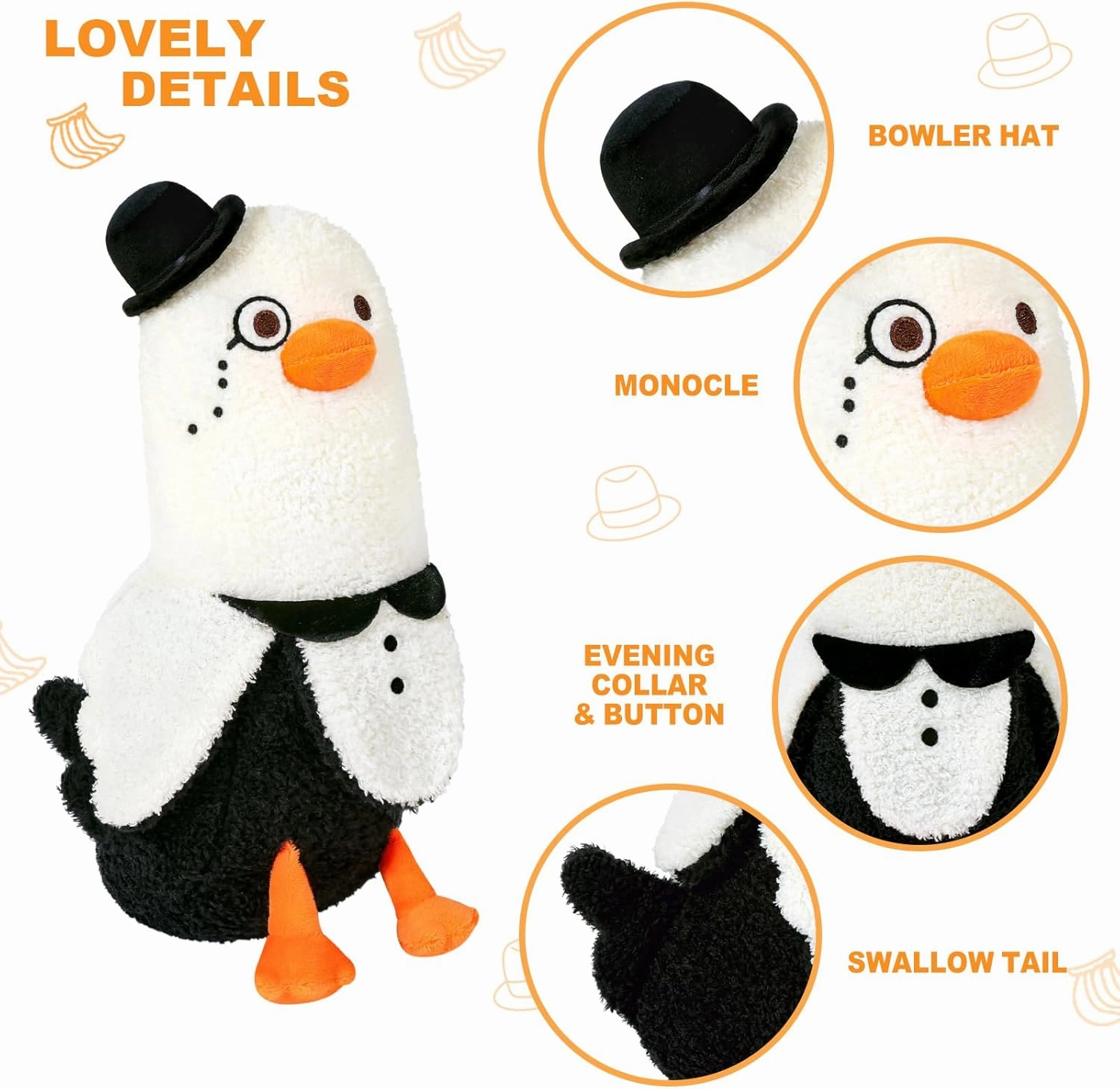PEACH CAT Banana Duck Plush Pillow Wear Bowler Hat Monocle Plushies Toy Cute Stuffed Animals Gifts for Kids White and Black 19.7"
