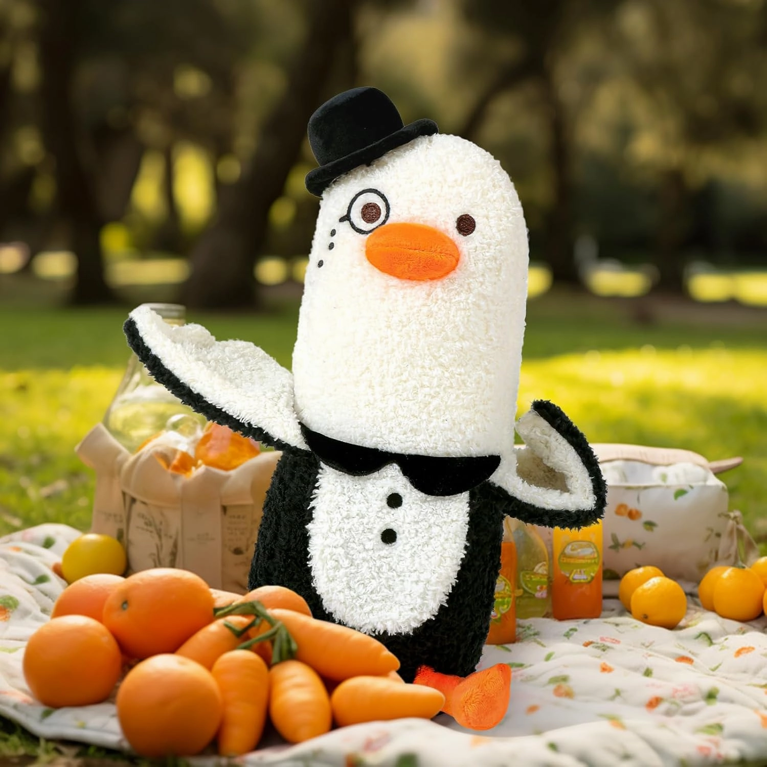 PEACH CAT Banana Duck Plush Pillow Wear Bowler Hat Monocle Plushies Toy Cute Stuffed Animals Gifts for Kids White and Black 19.7"