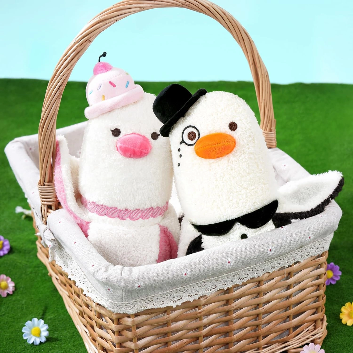 PEACH CAT Banana Duck Plush Pillow Wear Bowler Hat Monocle Plushies Toy Cute Stuffed Animals Gifts for Kids White and Black 19.7"