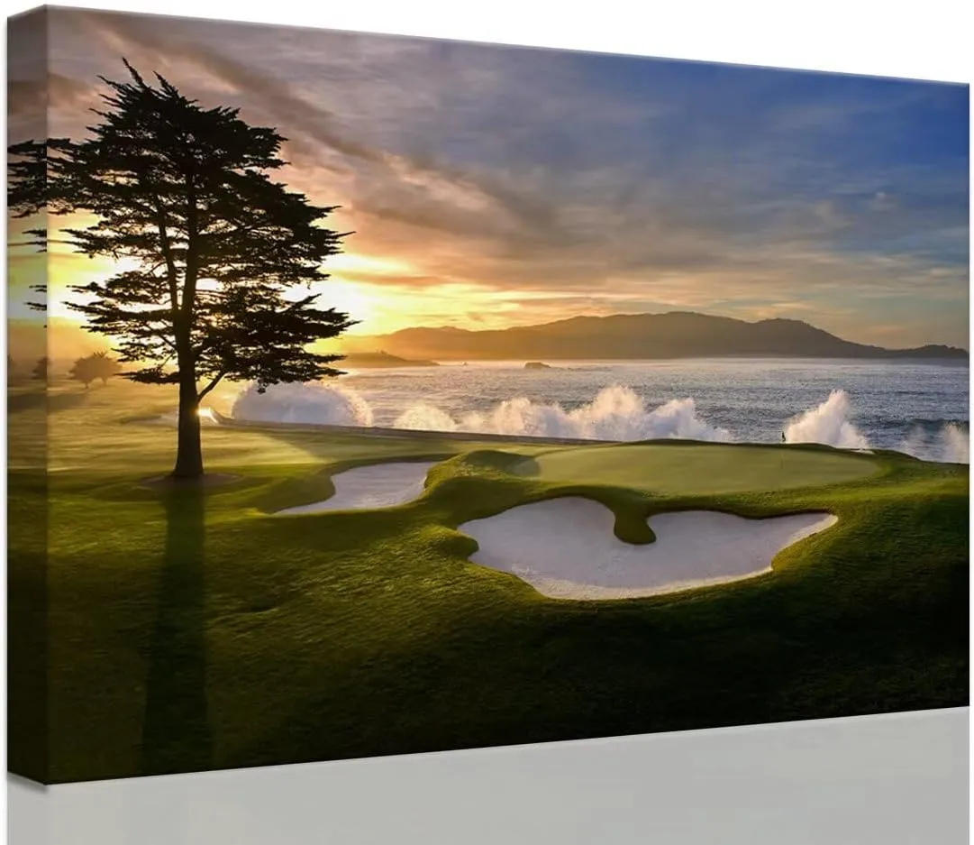 Pebble Beach Canvas Wall Art Picture Pebble Beach Golf Course Wall Decor for Living Room Bedroom Bathroom Home Decorations Golf Course Poster Picture Framed Artwork Ready to Hang(28''H x 44''W)