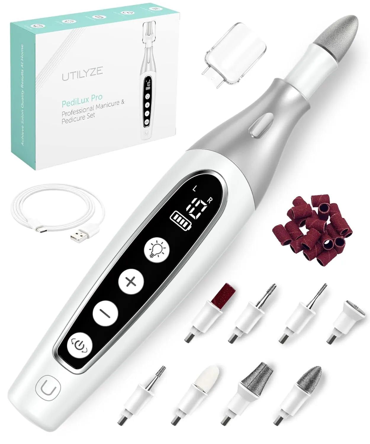 PediLux Pro Professional Manicure Pedicure Kit, Cordless Electric Nail File Drill Set, Thick Toenail Grinder, Toe Nail Dremel Tools, Filer, Buffer, Sander, Remove Cuticles, Callus for Men & Women