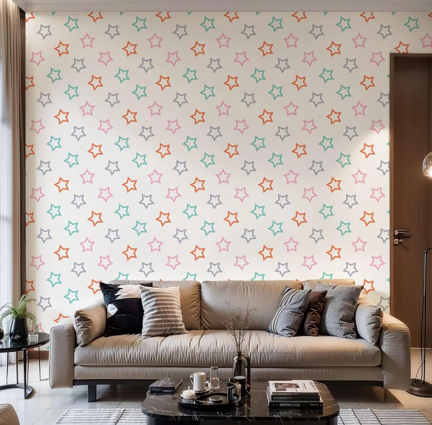 Peel and Stick Wallpaper Self Adhesive Wall Mural Seamless Pattern Colorful Outline Stars Contact Paper Renter Friendly Wallpaper for Kitchen Nursery Bedroom 17.7"x118"