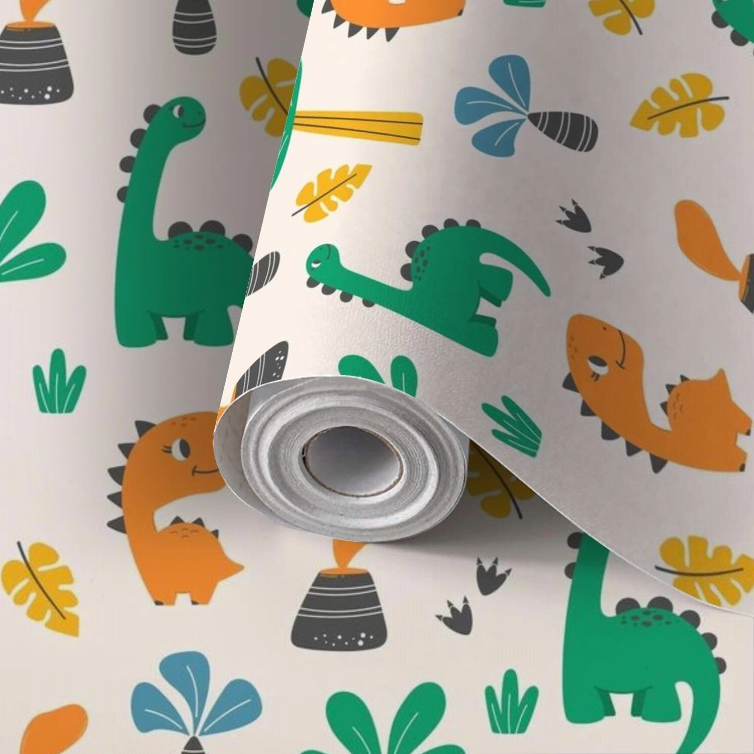 Peel and Stick Wallpaper Self Adhesive Wall Mural Colorful childish seamless dinosaurs volcanoes palm trees light Hand Contact Paper Renter Friendly Wallpaper for Kitchen Nursery Bedroom 17.7"x118"