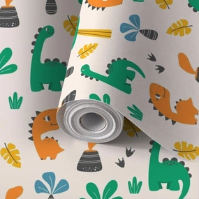 Peel and Stick Wallpaper Self Adhesive Wall Mural Colorful childish seamless dinosaurs volcanoes palm trees light Hand Contact Paper Renter Friendly Wallpaper for Kitchen Nursery Bedroom 17.7"x118"