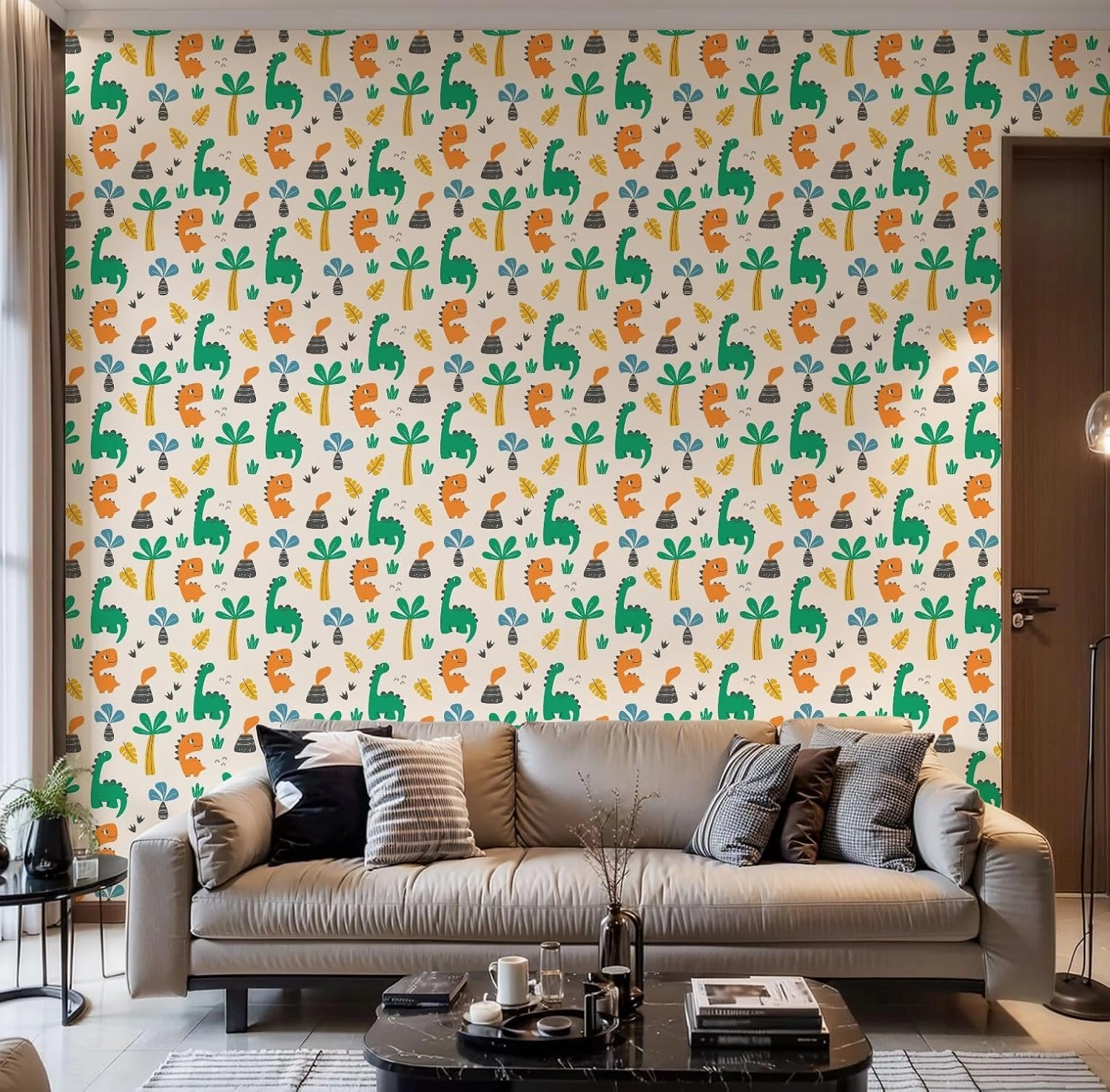 Peel and Stick Wallpaper Self Adhesive Wall Mural Colorful childish seamless dinosaurs volcanoes palm trees light Hand Contact Paper Renter Friendly Wallpaper for Kitchen Nursery Bedroom 17.7"x118"