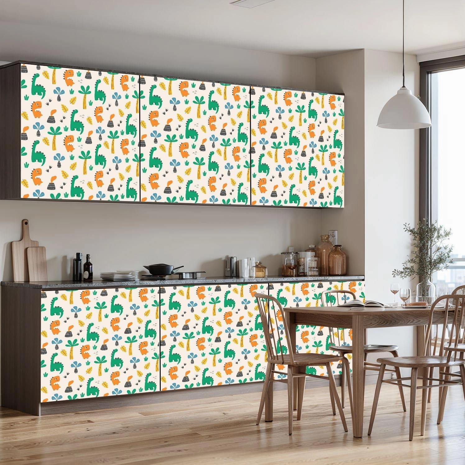 Peel and Stick Wallpaper Self Adhesive Wall Mural Colorful childish seamless dinosaurs volcanoes palm trees light Hand Contact Paper Renter Friendly Wallpaper for Kitchen Nursery Bedroom 17.7"x118"