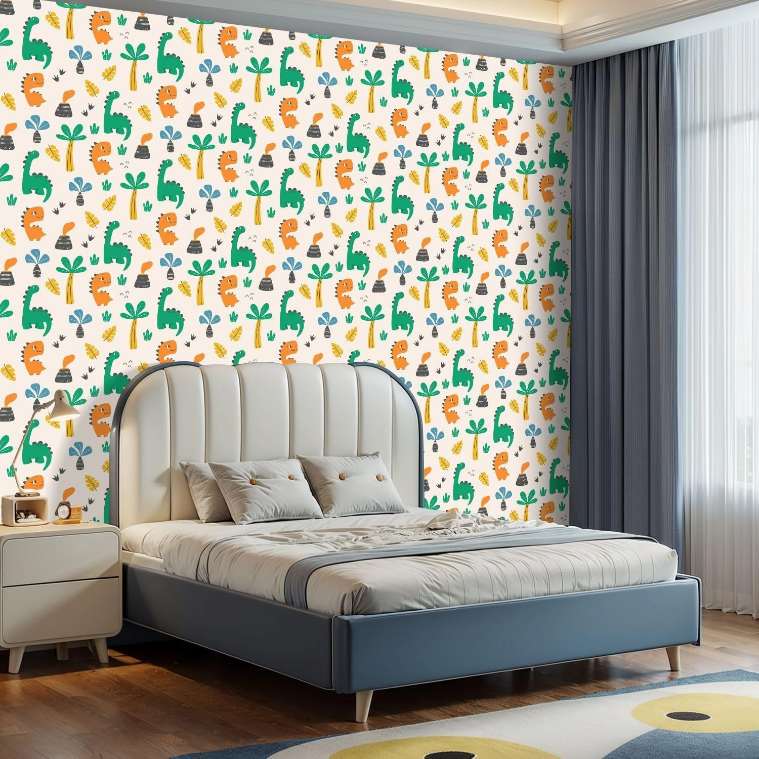 Peel and Stick Wallpaper Self Adhesive Wall Mural Colorful childish seamless dinosaurs volcanoes palm trees light Hand Contact Paper Renter Friendly Wallpaper for Kitchen Nursery Bedroom 17.7"x118"