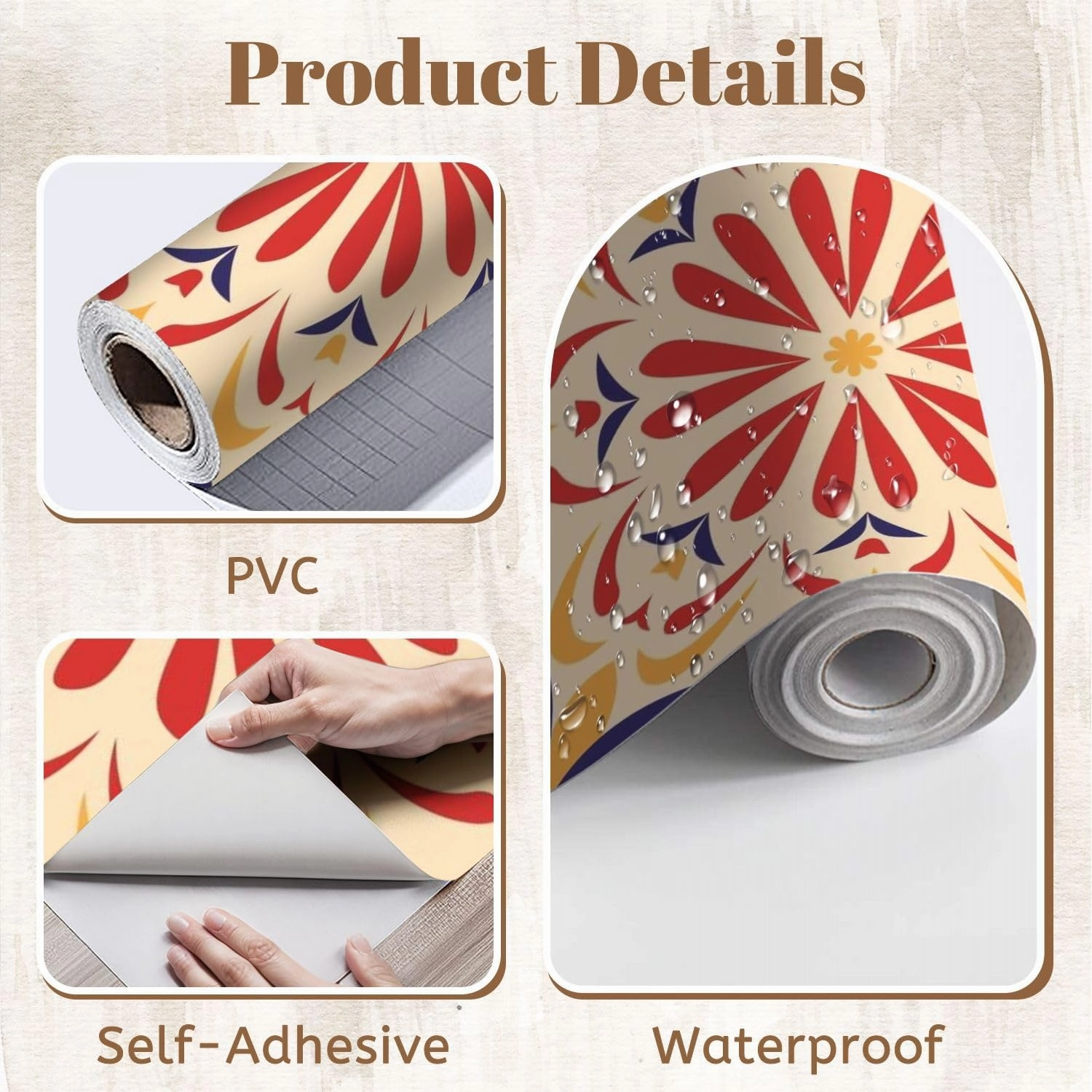 Peel and Stick Wallpaper Self Adhesive Wall Mural Geometric flower tile warm colors colorful flower red blue yellow Contact Paper Renter Friendly Wallpaper for Kitchen Nursery Bedroom 17.7"x118"