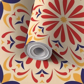 Peel and Stick Wallpaper Self Adhesive Wall Mural Geometric flower tile warm colors colorful flower red blue yellow Contact Paper Renter Friendly Wallpaper for Kitchen Nursery Bedroom 17.7"x118"