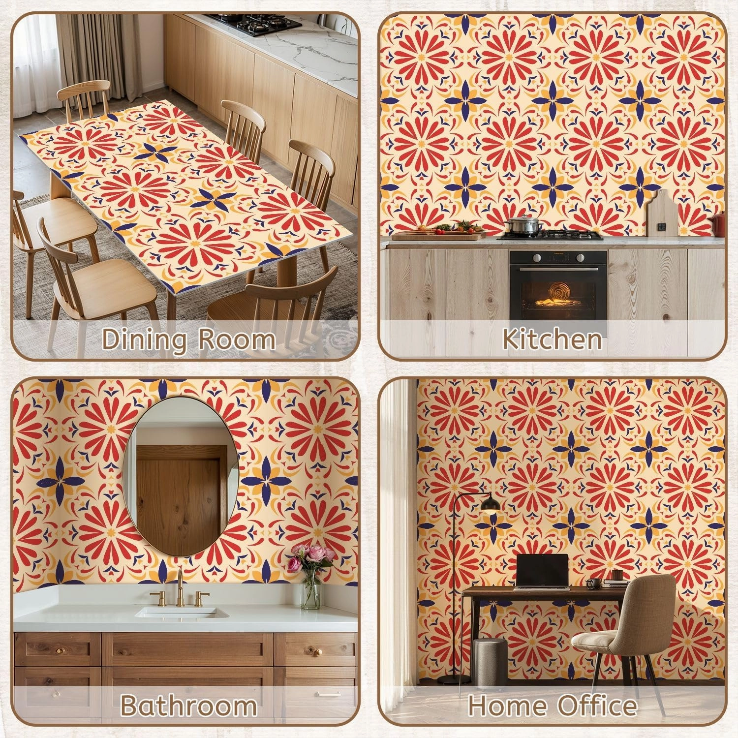Peel and Stick Wallpaper Self Adhesive Wall Mural Geometric flower tile warm colors colorful flower red blue yellow Contact Paper Renter Friendly Wallpaper for Kitchen Nursery Bedroom 17.7"x118"