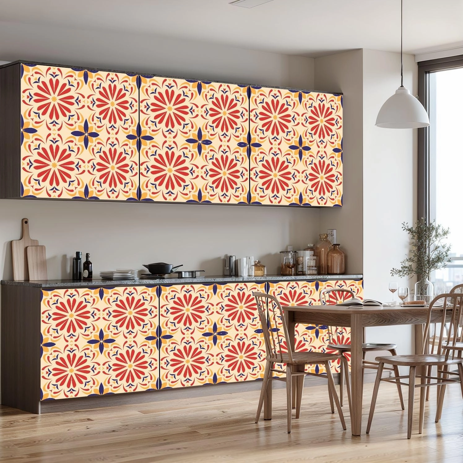 Peel and Stick Wallpaper Self Adhesive Wall Mural Geometric flower tile warm colors colorful flower red blue yellow Contact Paper Renter Friendly Wallpaper for Kitchen Nursery Bedroom 17.7"x118"