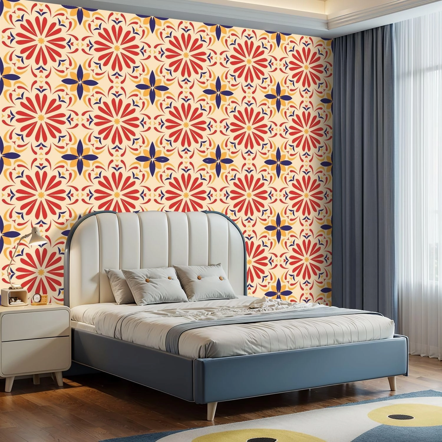 Peel and Stick Wallpaper Self Adhesive Wall Mural Geometric flower tile warm colors colorful flower red blue yellow Contact Paper Renter Friendly Wallpaper for Kitchen Nursery Bedroom 17.7"x118"