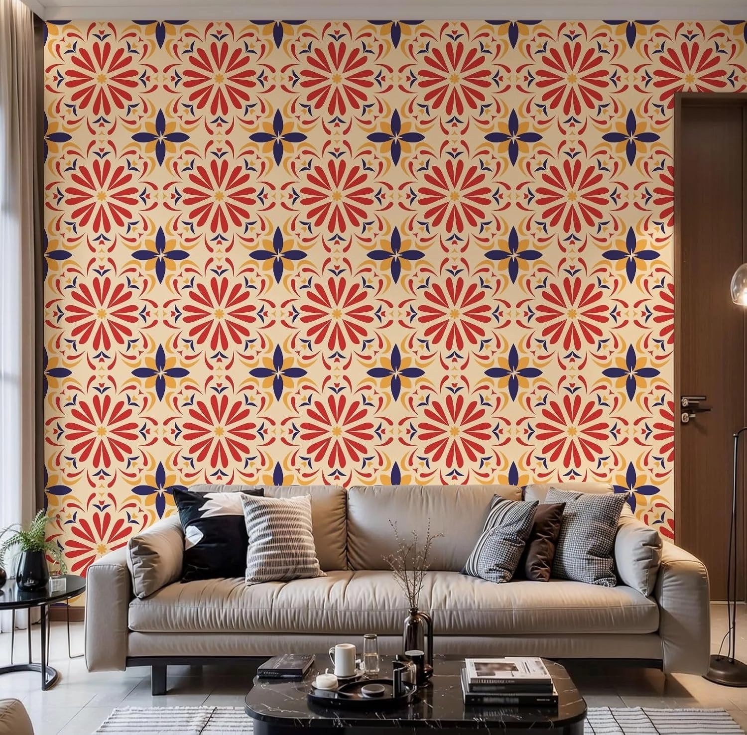Peel and Stick Wallpaper Self Adhesive Wall Mural Geometric flower tile warm colors colorful flower red blue yellow Contact Paper Renter Friendly Wallpaper for Kitchen Nursery Bedroom 17.7"x118"