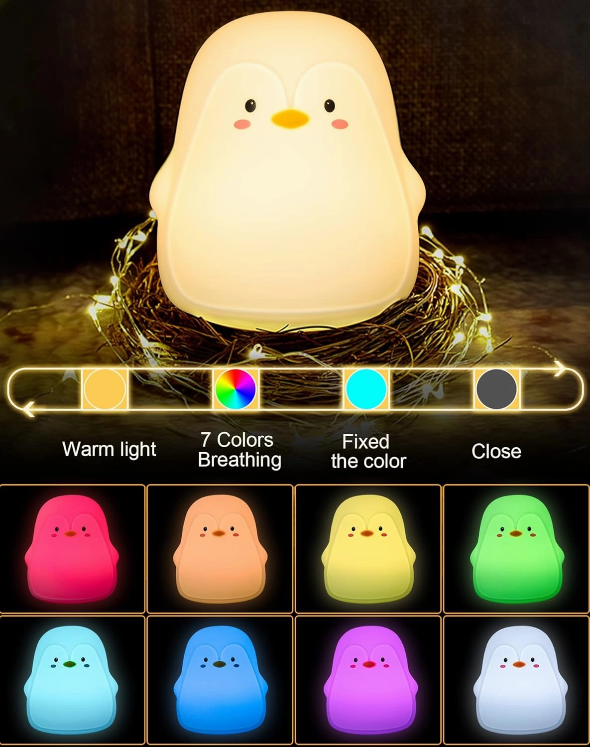 Penguin Night Light, USB Rechargeable Silicone LED Night Light for Kids, Multicolor Cute Nursery Night Lights with Warm White and 7-Color Breathing Mode,Christmas Gift for Kids Baby Children Bedrooms