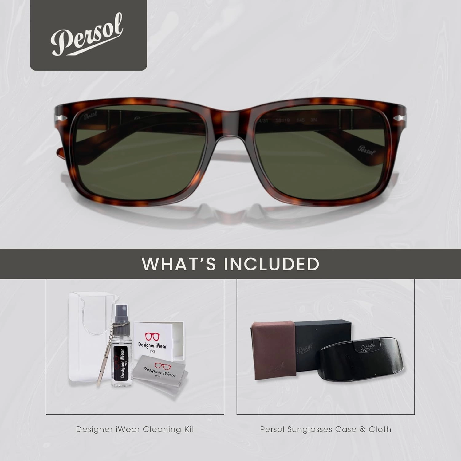 Persol PO3048S Rectangle Sunglasses for Men   BUNDLE With Designer iWear Eyewear Kit